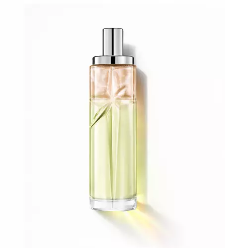 Creamy Delight: hoge flacon met groen en amberkleurig kleurverloop tegen een witte achtergrond.