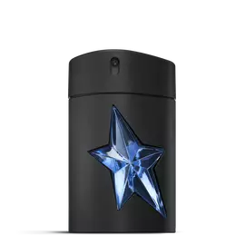 Zwarte A*Men Mugler fles met blauwe ster op een lichtgrijze achtergrond