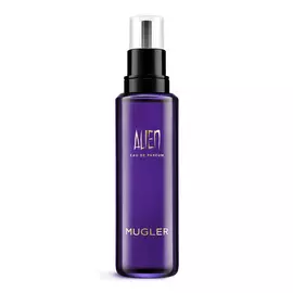 Mugler Alien parfum-navulflacon met zwart pompje tegen een witte achtergrond