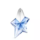 Blauwe, stervormige Angel Mugler-parfumfles met zilveren dop op een lichtgrijze achtergrond