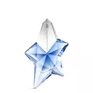 Blauwe, stervormige Angel Mugler-parfumfles met zilveren dop op een lichtgrijze achtergrond