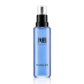 A*Men Eau de Toilette blauwe navulflacon met zwarte spuitdop tegen een witte achtergrond.