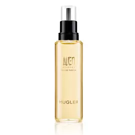 Alien Goddess-parfumnavulflacon met zwart pompje tegen een witte achtergrond.
