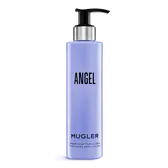 Mugler Angel-fles parfumerende bodylotion op een lichtgrijze achtergrond.