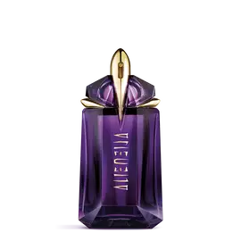 Mugler Alien paarse parfumfles op een lichtgrijze achtergrond