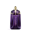 Mugler Alien paarse parfumfles op een lichtgrijze achtergrond