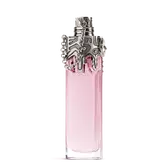 Roze Mugler Womanity-parfumfles met zilveren gebeeldhouwde dop op lichtgrijze achtergrond