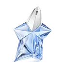 Blauwe, stervormige Angel Mugler-parfumfles met zilveren dop op een lichtgrijze achtergrond