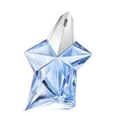 Blauwe, stervormige Angel Mugler-parfumfles met zilveren dop op een lichtgrijze achtergrond