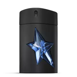 Zwarte A*Men Mugler fles met blauwe ster op een lichtgrijze achtergrond