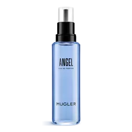 Blauwe Angel Mugler eau de parfum-navulflacon met zwart pompje tegen een witte achtergrond
